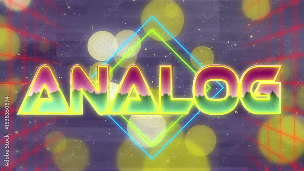 Poster glitching outline forming analog text in tunnel, with diamonds, blurred orbs, speckles and red grid