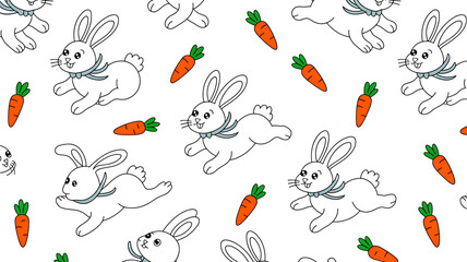 Fototapeta premium Whimsical cartoon bunny pattern with carrots on black background for springtime design