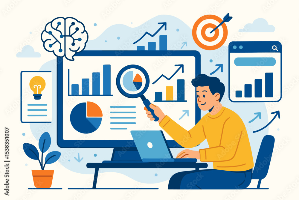 Aufkleber digital marketing strategy concept. man analyst researching data analytics on a dashboard. seo optim