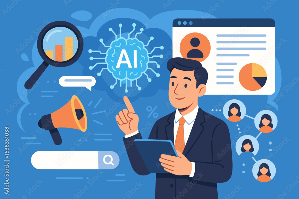 Poster ai marketing concept. businessman using artificial intelligence for data analysis and customer insig