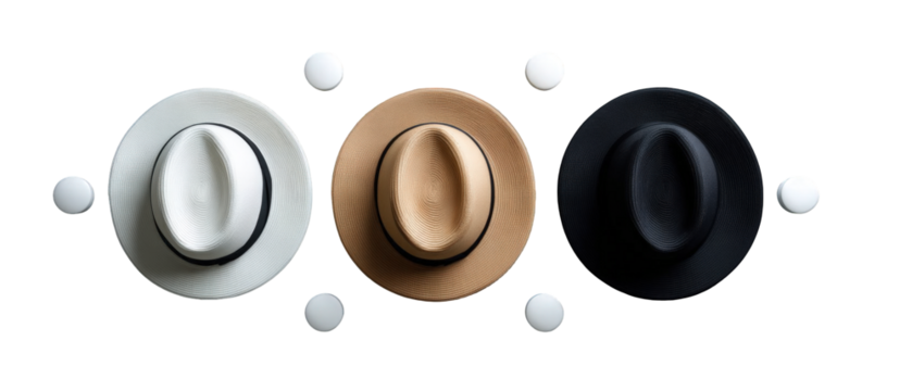 Three stylish hats arranged in a row on a clean background, showcasing diverse colors and styles