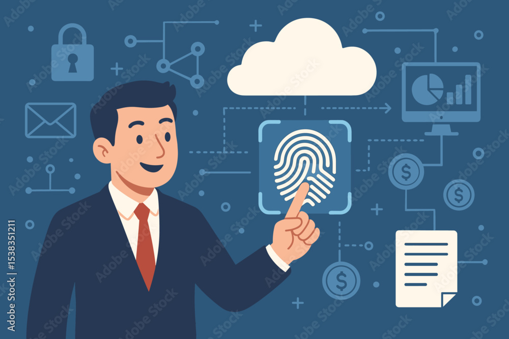 Poster businessman using biometric fingerprint scanner for cybersecurity and data protection. concept of di