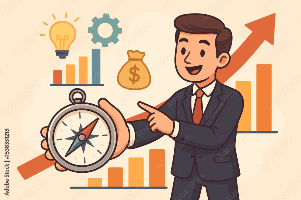 Aufkleber business strategy and direction concept. manager with compass for navigation and guidance to financi