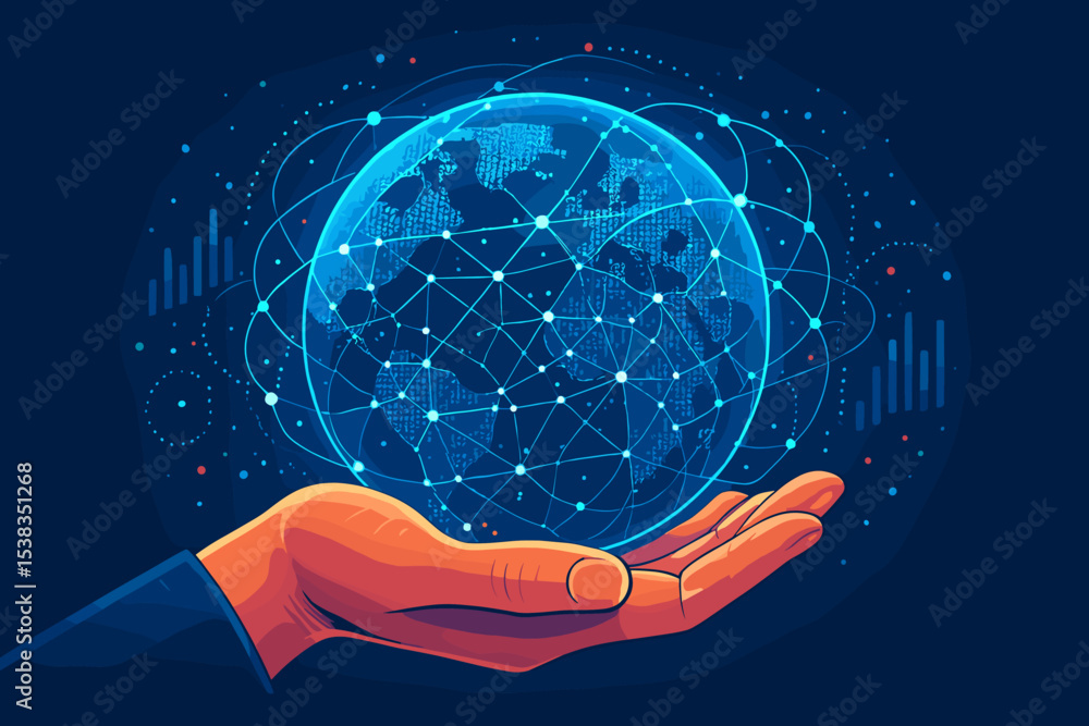 Aufkleber global business and data visualization concept. hand holding a glowing earth globe with network conn