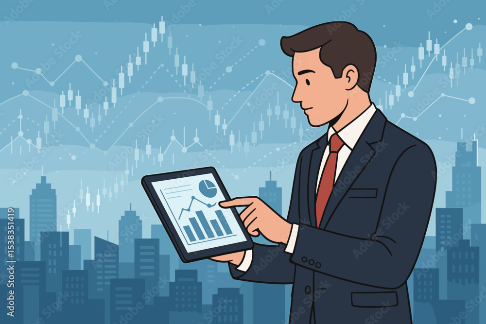 Aufkleber businessman analyzing financial data on a tablet. stock market trader with candlestick chart in back