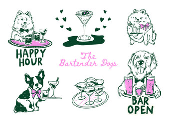 Set of whimsical Waiter dogs illustrations, Hand drawn Bartender dogs and cocktails, Funny Cocktail Hour Doodle illustrations for party invitations, drink menus and web icons