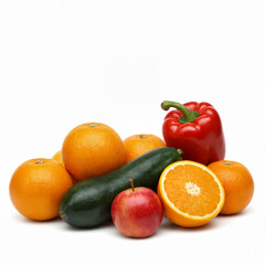 Fresh assorted fruits and vegetables arranged on white background  