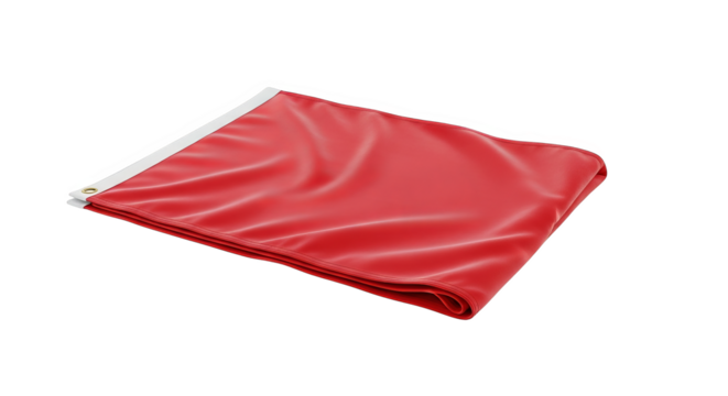 A folded red flag with white trim and metal grommets casts soft shadows on a plain background.