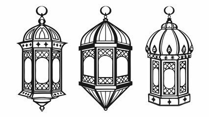 Three Ornate Islamic Lanterns Detailed Line Art Design.