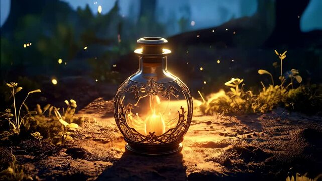 Glowing potion bottle with intricate design emitting mystical light in a forest, casting a warm glow on the surrounding plants and earth.