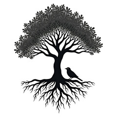 Silhouette Tree with Bird Vector Art: Detailed Roots, Branches, and Foliage Illustration for Nature & Tattoo Designs