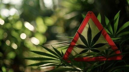 Close-up of red warning sign with cannabis leaf symbol, caution and prohibition concept, restricted substance and controlled drug policy, health and safety regulations.