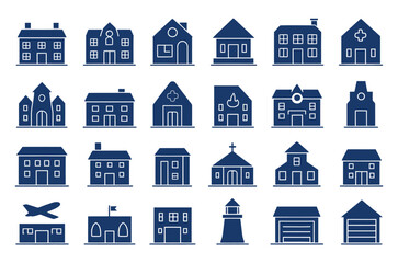 Fototapeta premium Vector illustration of various building icons representing residential commercial and public structures silhouetted