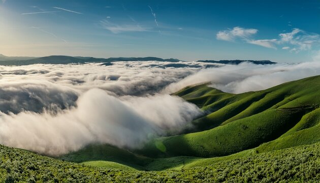 low clouds rolling over the hills create a stunning wave effect enhancing the surreal beauty of the tranquil landscape below