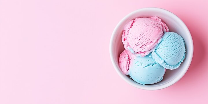 Pink and blue ice cream scoops with colorful sprinkles in white ceramic bowl on pink background. Summer dessert and sweet treat concept. Image for confectionery menu. Banner with copy space