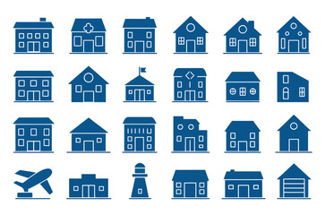 A collection of blue colored minimalist vector illustrations of different building structures, houses, and commercial establishments.