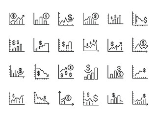 Bundle of Dollar Chart Silhouettes in Minimal Line Style on White Background – Financial Graph, Investment Trend, and Business Growth Vector Icons Set