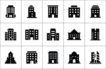 Collection of black and white building icons representing office buildings and architectural designs