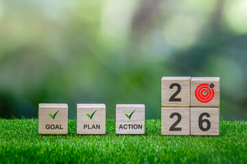 2026 new year goal plan action. Goal achievement. Ambition aiming success. Setup objective target...