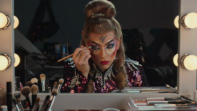 A Drag Performer Applies Elaborate Eye Makeup in a Dressing Room, Celebrating LGBTQ+ Beauty and Artistry