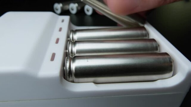 close-up of metallic aa batteries being placed in