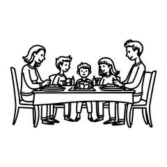 Family Dinner Illustration: Line Art of Parents and Children Eating Together at Table, Simple Black and White Drawing for Family Concepts