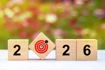 Naklejka premium 2026 new year goal plan action. Goal achievement. Ambition aiming success. Setup objective target business planning of new year concept. business planning in 2026. Target concept for new year 2026