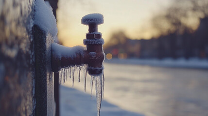 A Frozen water tap with ice and snow
