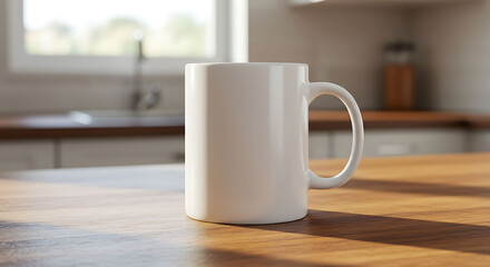 Fototapeta premium White Coffee Mug on Wooden Table in Bright Kitchen Sunlight