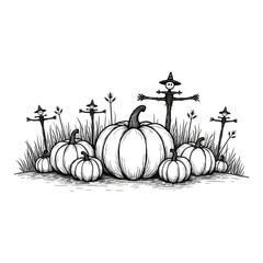 Black and White Pumpkin Patch Illustration: Spooky Scarecrows, Fall Harvest, Halloween Decor, Vintage Style, Autumn Season Art