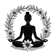 Yoga Meditation Black Silhouette Woman in Lotus Pose Surrounded by Floral Wreath, Spiritual Wellness Art Illustration