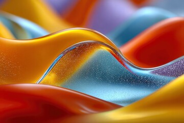 Abstract wavy shapes in yellow orange red blue  lavender with fine particles in some layers resembling glass or liquid