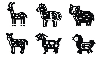 Various stylized black farm animals, including a horse, cat, goat and chicken are shown