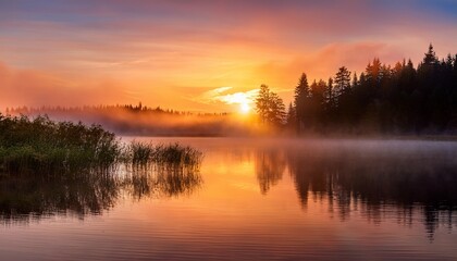 Fototapeta premium foggy sunrise over the peaceful lake