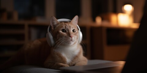 Orange tabby cat relaxing with headphones in cozy interior setting