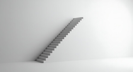A minimalist 3D render of a gray staircase leaning against a plain white wall in an empty, bright room.