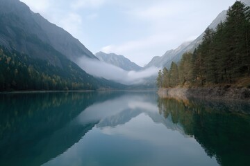 Fototapeta premium Tranquil mountain lake with fog and pine forest reflections