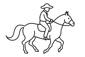 Cowboy riding horse line art vector illustration for coloring book