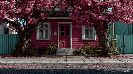 Pink House Framed by Spring Blossoms