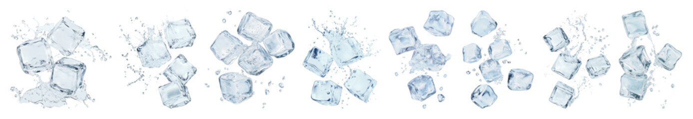 PNG Scattered ice cubes splash water, element set on transparent background