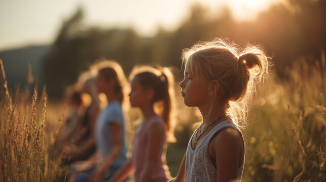 Golden hour sunlight bathes a group of girls in a field, the focus on one girl peacefully meditating.  The scene is serene and evokes feelings of calm and connection with nature.
