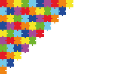 Colorful puzzle corner background design with blank white space for text or logo. Educational jigsaw border for kids projects, school activities, learning materials, or playful presentations.