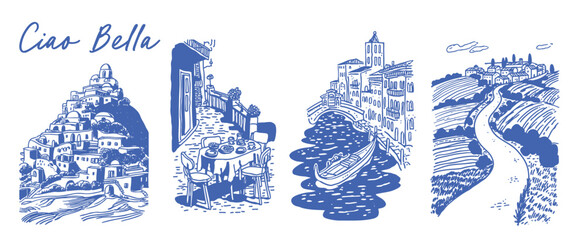 Set of traditional Italian hand drawn style scenes. Summer vacation and Italy tourism