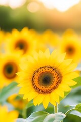 Fototapeta premium Sunflower field under bright blue sky with sun rays. Summer harvest and agriculture concept. Image for poster, banner, greeting card and social media post with copy space.