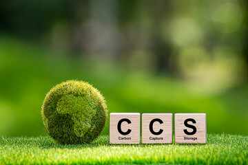 Symbol CCS  for Carbon Capture Storage words CCS on a wood cube on the environmental background....