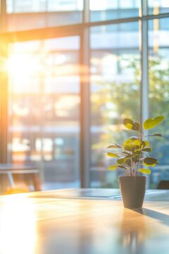 Sunlit office interior with a small potted plant on a wooden table near a large window