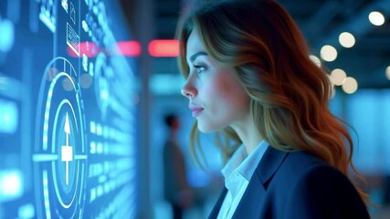 Businesswoman analyzing digital data on a futuristic screen in a modern office environment - Powered by Adobe