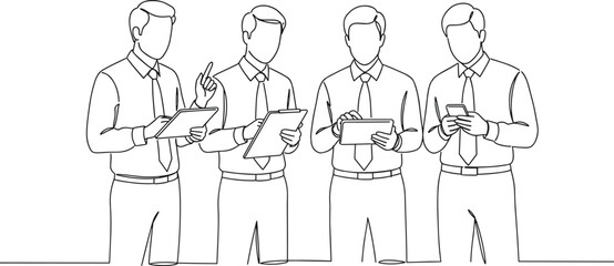 Business team using tablets, discussing project, technology in office, line art illustration of professionals, teamwork communication, digital collaboration concept for modern workplace,