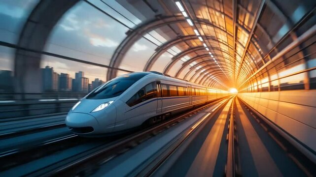A high-speed hyperloop train gliding through a sleek futuristic tunnel at sunset,Futuristic Transportation concept.