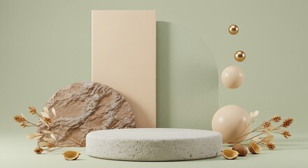 Composition empty podium material tree stone dry flowers. Product presentation. Background beige green. Beautiful background from natural materials
